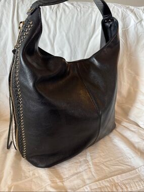 Rebecca Minkoff Bryn Double Zip Hobo Bag black leather w/ gold studs & fringe